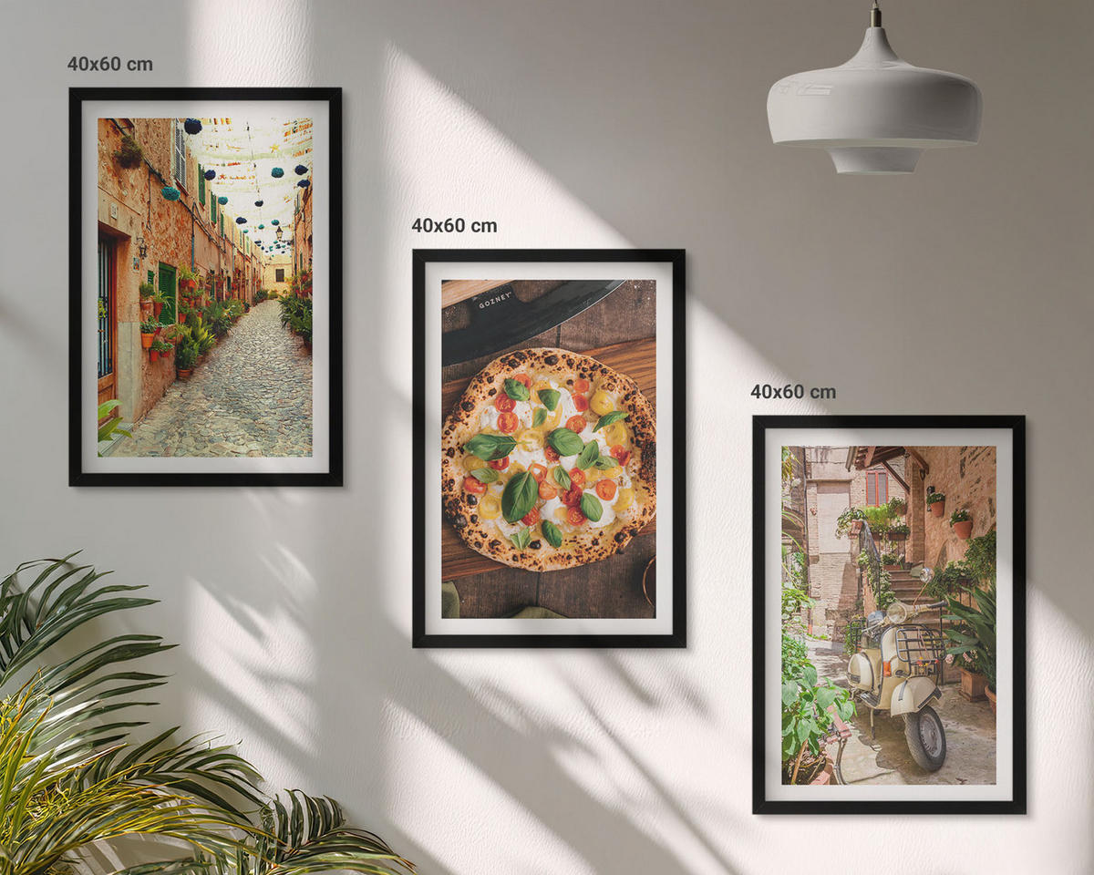 BILDER SET 3er Set - 40x60 cm Schwarzer Rahmen - Charmante Straßen mit Pizza - Schwarz, Kunststoff (40/60cm) - TULUP