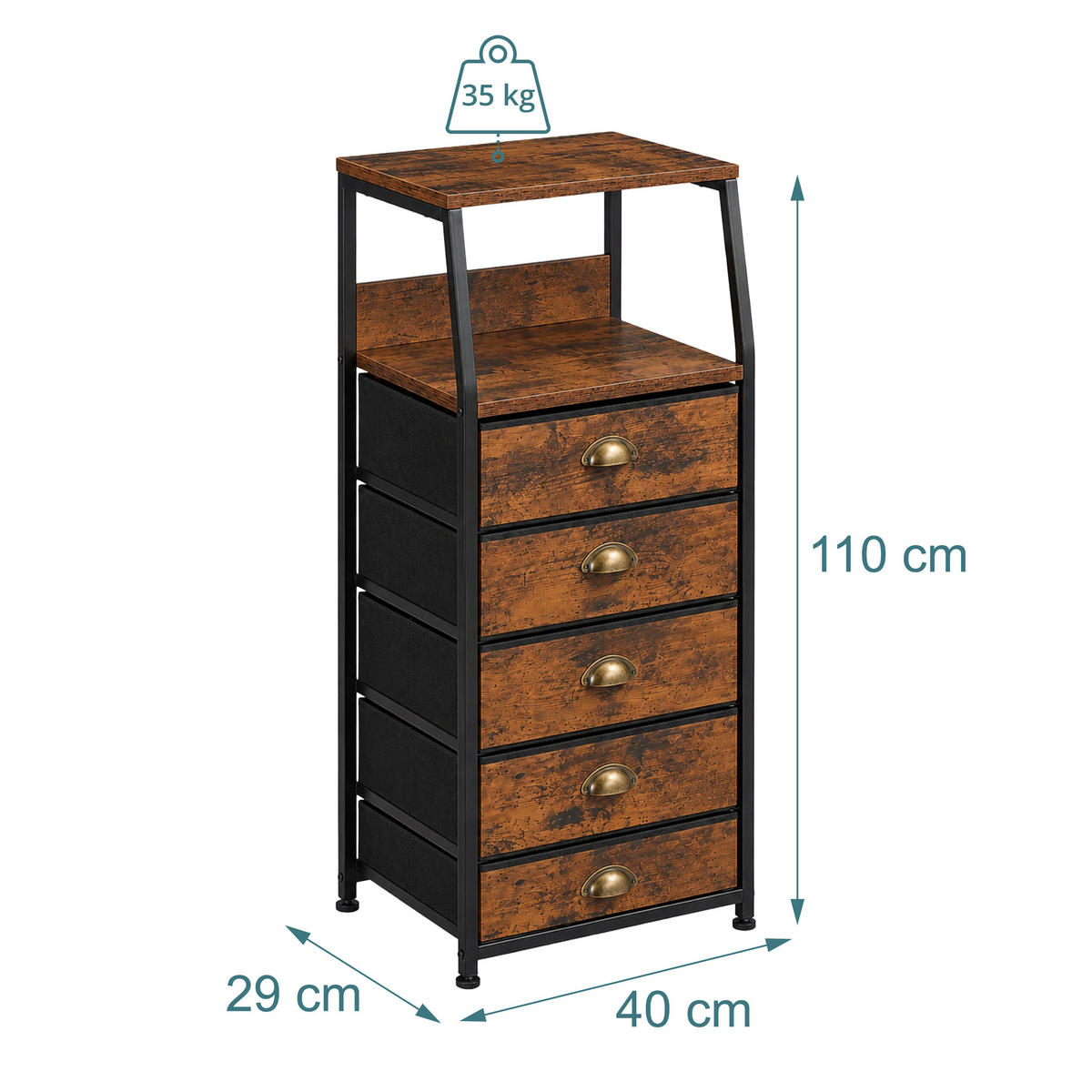 KOMODA vintage smeđa crna 5 ladica 110x40x29 cm - smeđa, drvni materijal/metal (40/110/29cm) - Relaxdays