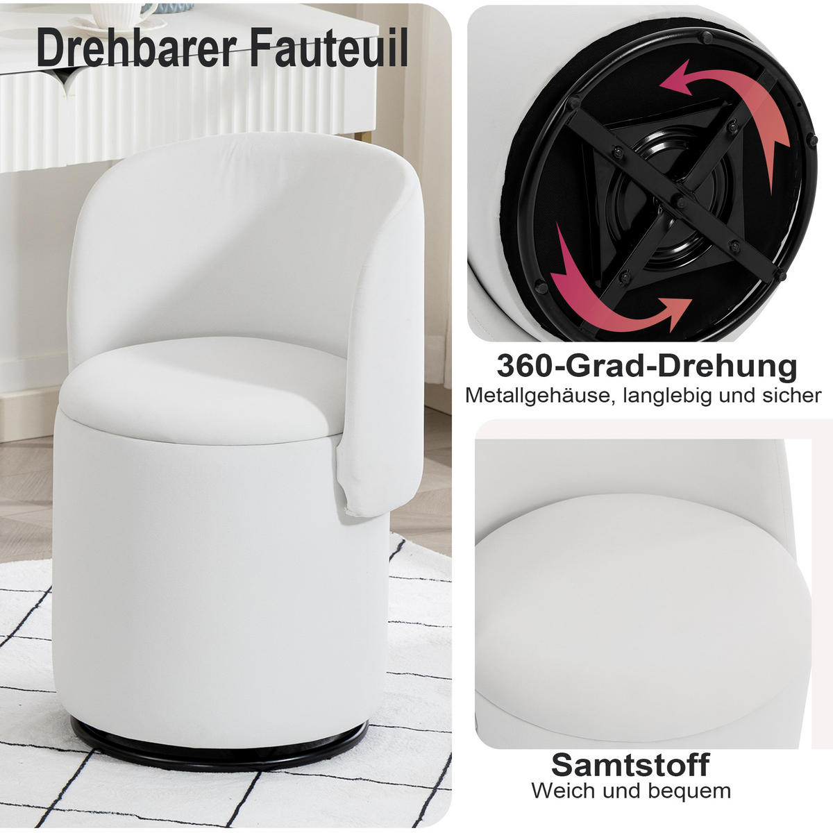 SESSEL Samt Weiß drehbar, Stauraum und mit Hocker - Beige, Holzwerkstoff/Textil (48/75/52cm) - WISHDOR