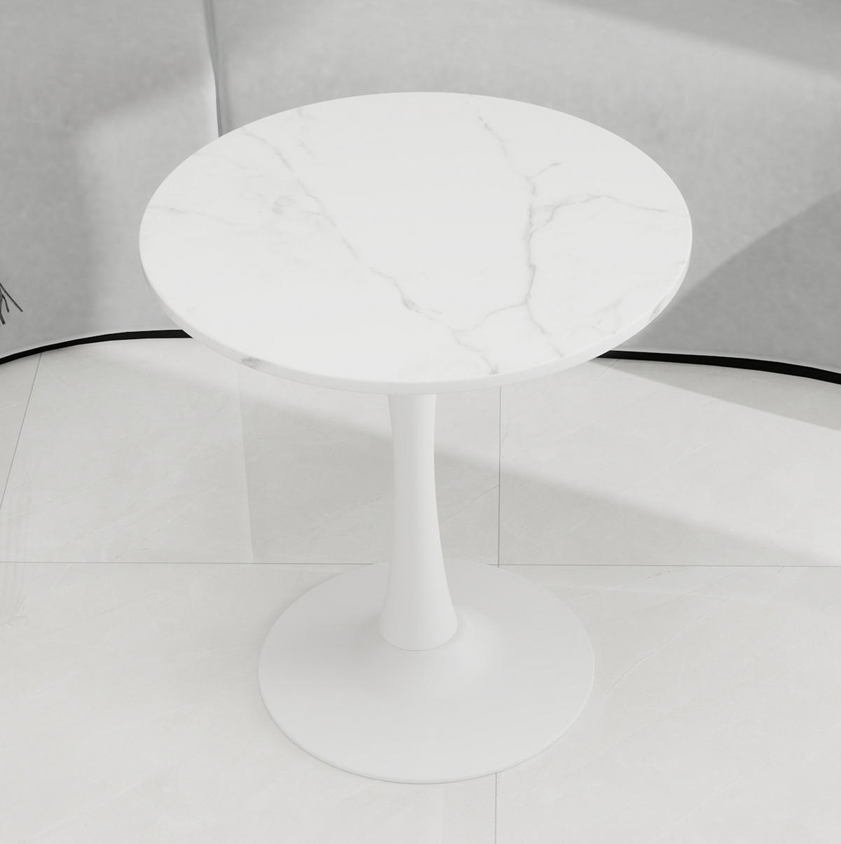 COUCHTISCH 70,1 cm rund im minimalistischen Design mit Tischplatte in Marmoroptik, Weiß - Weiß, Stein (70/70/72cm) - Modfu