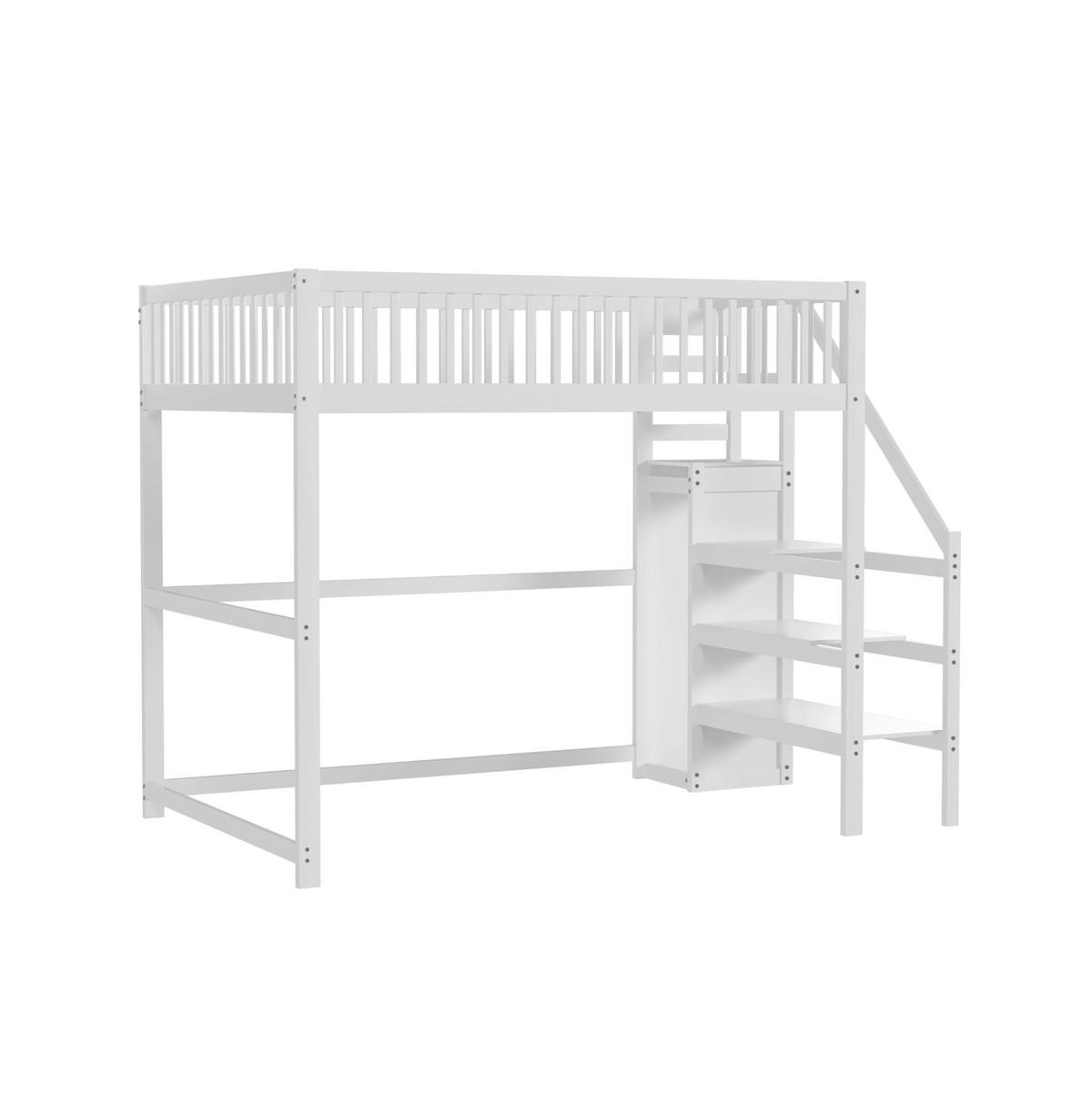 HOCHBETT 140/200 cm Weiß aus Holz mit Treppe, Kleiderschrank und Stauraum - Weiß, Holz (140/200cm) - Flora Grace