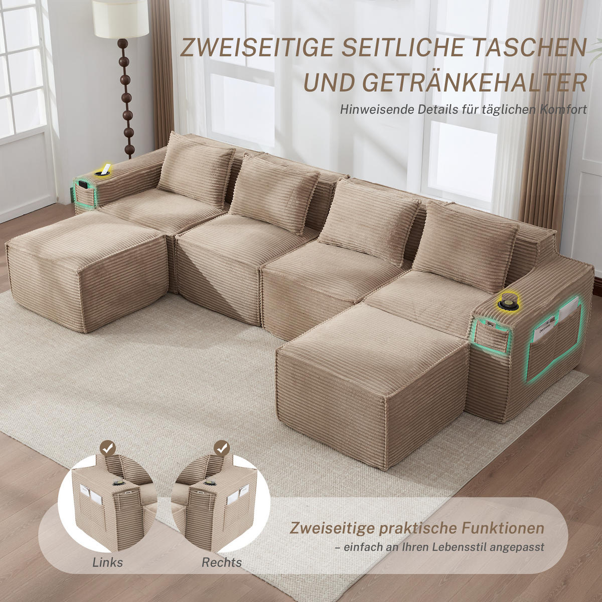 WOHNLANDSCHAFT 330/162/75 cm Khaki mit 2 Fußhocker, Getränkehalter und Seitentaschen - Sandfarben, Textil (330/75/162cm) - Oxeza
