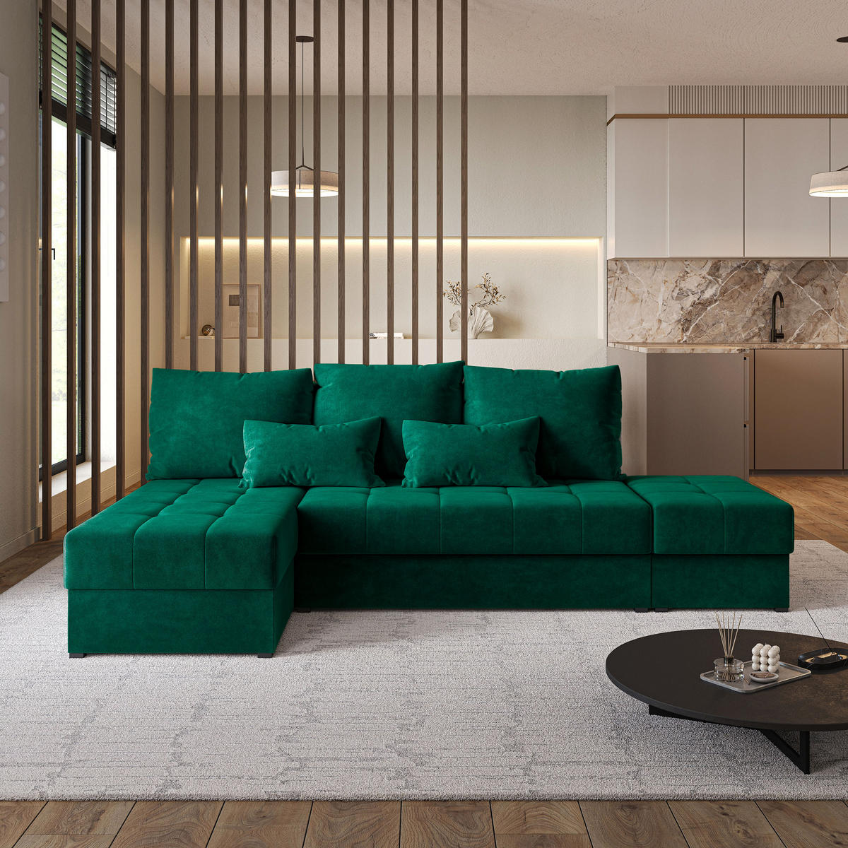 ECKSOFA NORVI Grün Plüsch-Stoff mit Schlaffunktion - Grün, Holz (251/143cm) - MASSENO