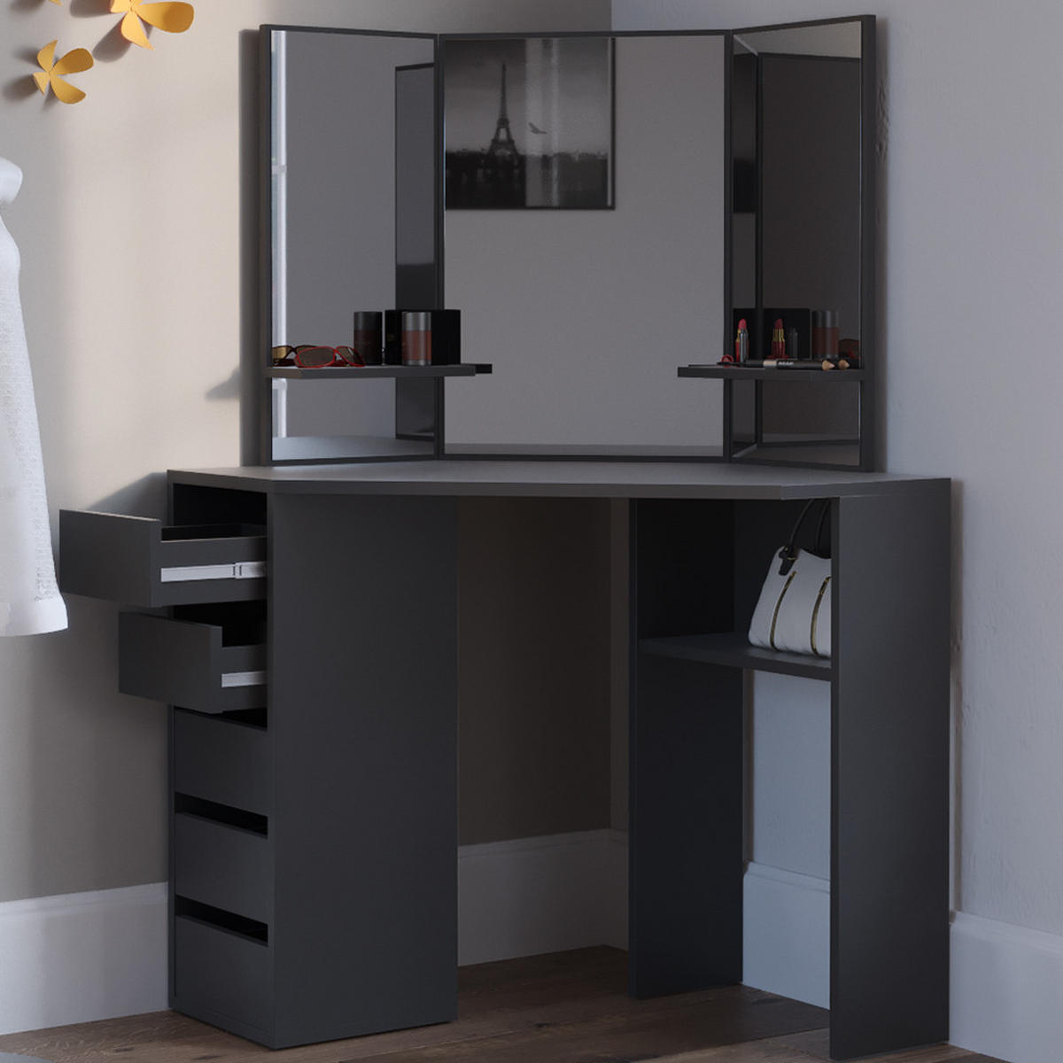 ECKSCHMINKTISCH Arielle Schwarz 110 cm - Schwarz, Holzwerkstoff (110/141.5/54cm) - Vicco