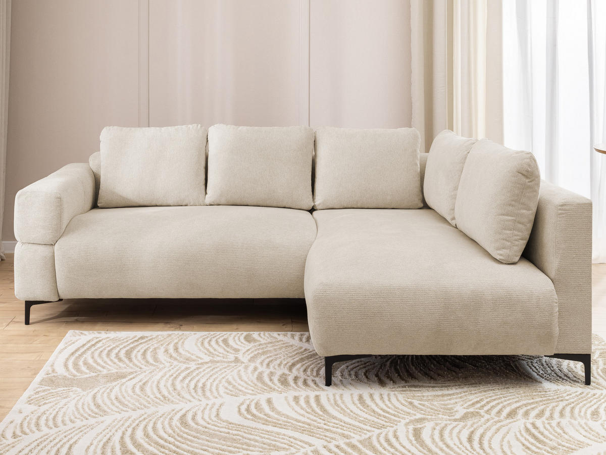 ECKSOFA Cardea in Bubble-Optik aus weichem Hellbeige Strukturstoff mit hohem Sitzkomfort - Ottomane rechts - Beige/Schwarz, Holz/Textil (230/170cm) - S-Style Möbel