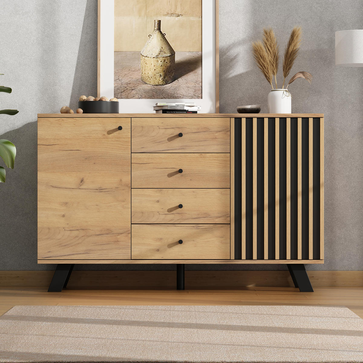 SIDEBOARD Holz 4 Schubladen 2 Türen 120x38x75cm Massivholz - Multicolor, Holzwerkstoff (38/75/120cm) - FLIEKS