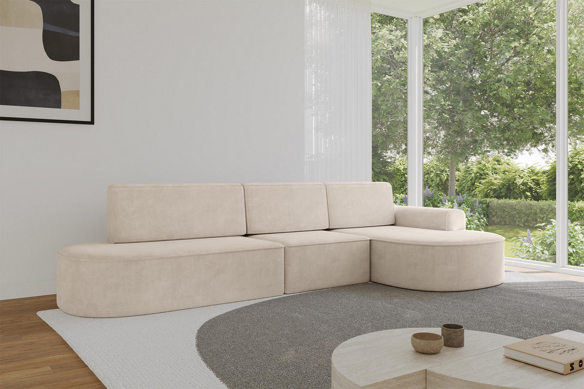 ECKSOFA mit Schlaffunktion Ottomane RECHTS MARI L2-S 368X167X85 Beige Velours - Sandfarben/Schwarz, Holzwerkstoff/Kunststoff (167/368cm) - ALTDECOR