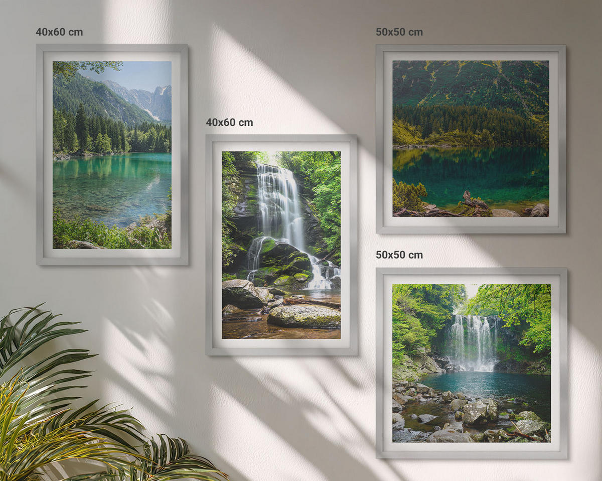 BILDER SET 4er Set - 50x50 cm & 40x60 cm Silberner Rahmen - Wasserfälle in grüner Umgebung - Silberfarben, Kunststoff (50/50cm) - TULUP