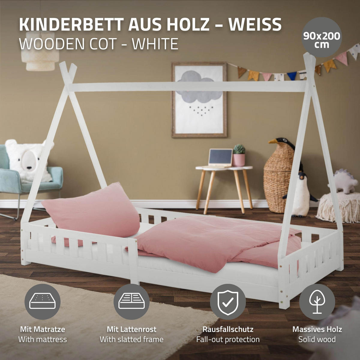KINDERBETT Tipi mit Matratze 90x200 cm Weiß - Weiß, Holz (90/200cm) - ML-DESIGN