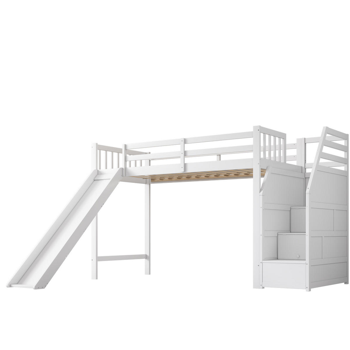 HOCHBETT 90/200 cm in Weiß – mit Rutsche, Stauraumtreppe und Rausfallschutz - Weiß, Holzwerkstoff (90/200cm) - BEAOK