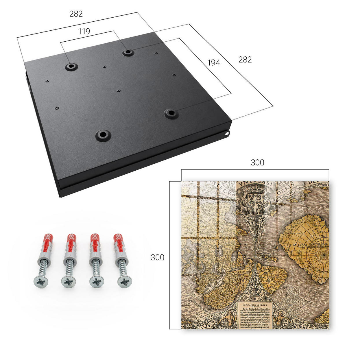 SCHLÜSSELBOX Schwarz 30x30 cm- Türöffnung nach rechts - Antike alte Karte - Gelb, Metall (30/30/5cm) - TULUP