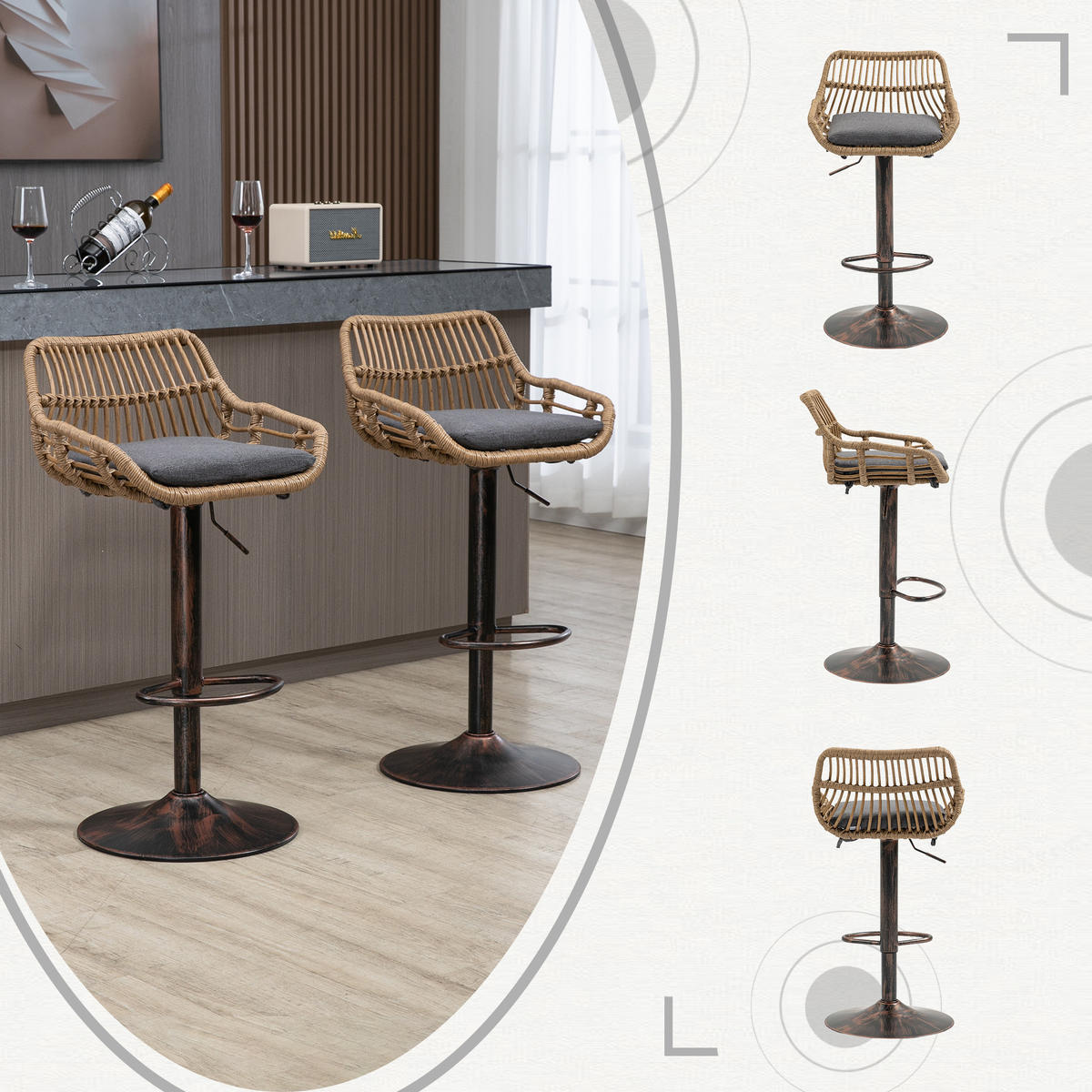 BARHOCKER 2er Set Höhenverstellbar, 360° drehbar, Fußstütze, Grau - Grau, Metall (49/109/48cm) - PARAFTA HOME