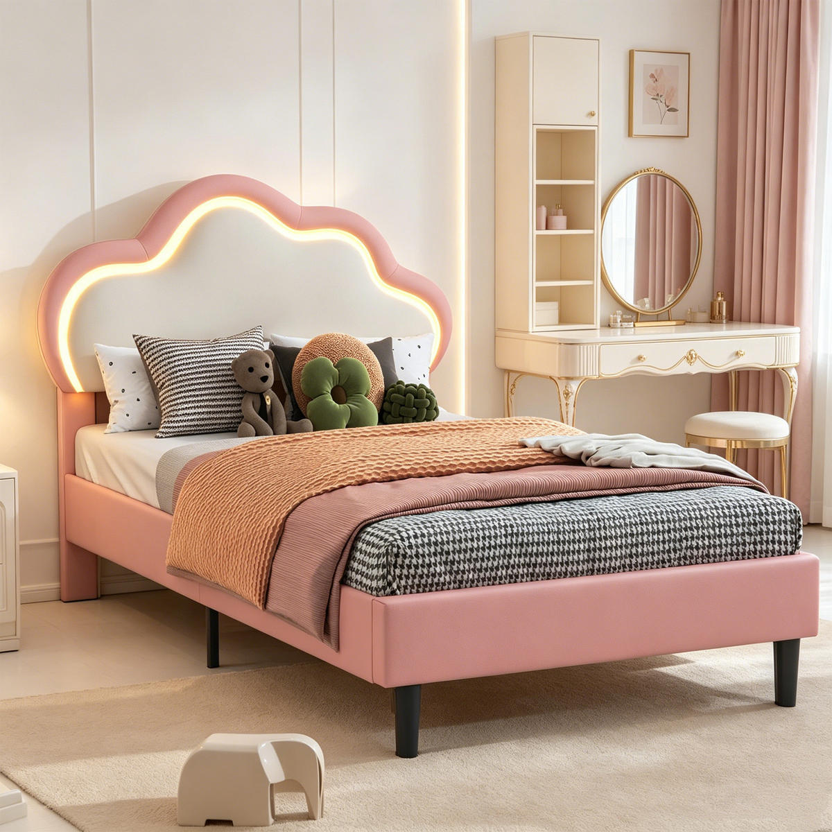 POLSTERBETT 90x200, einzelbett, Bettgestell 90 x 200 mit Kopfteil in Wolkenform, Lattenrost, LED, PU, rosa - Pink, Leder/Holz (90/200cm) - GENKI LIVING
