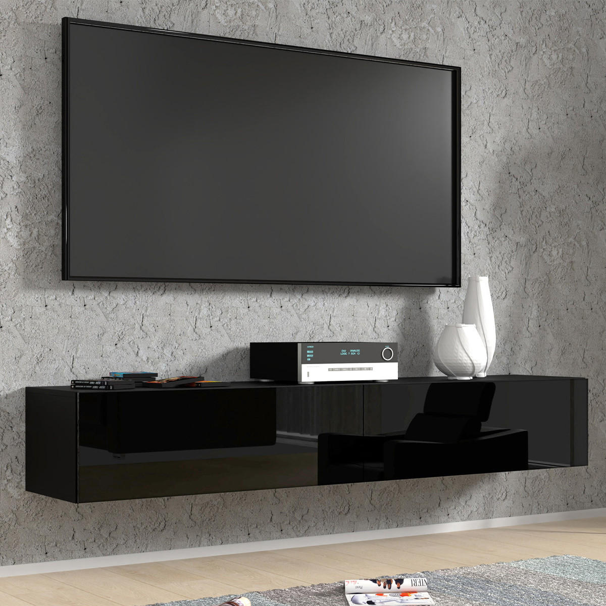 TV STOLEK Bali Matná černá karoserie a lesklé černé přední části - černá, kompozitní dřevo (180/30/40cm) - Petits-meubles