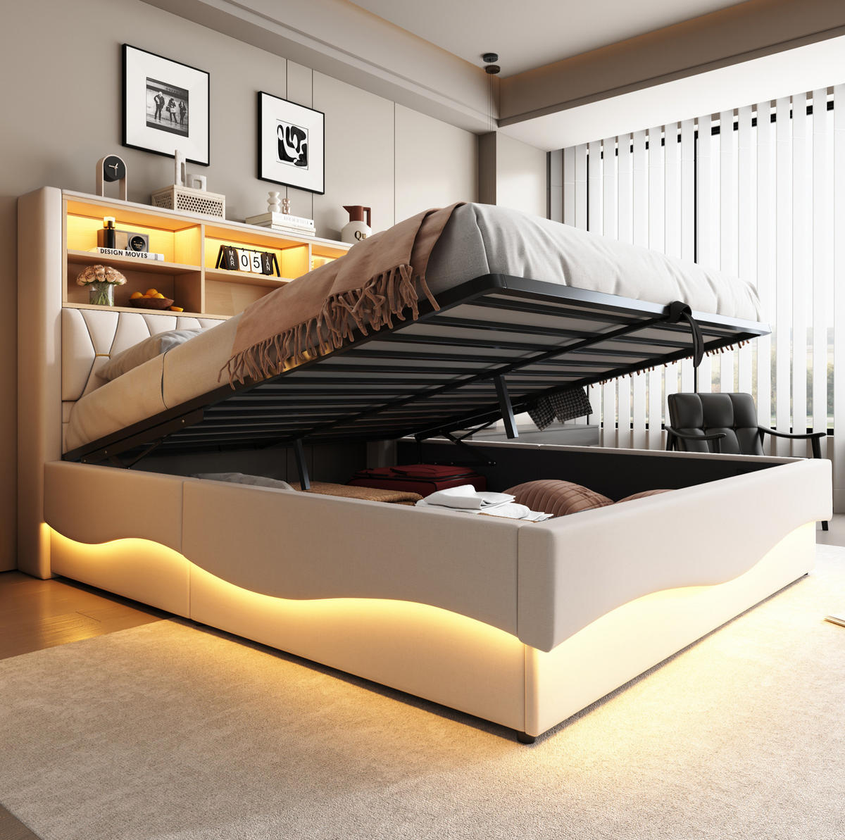 POLSTERBETT 180x200 cm Beige mit hydraulischem Bettkasten, LED-Beleuchtung und USB-Anschluss - Beige, Metall (180/200cm) - IVMEU