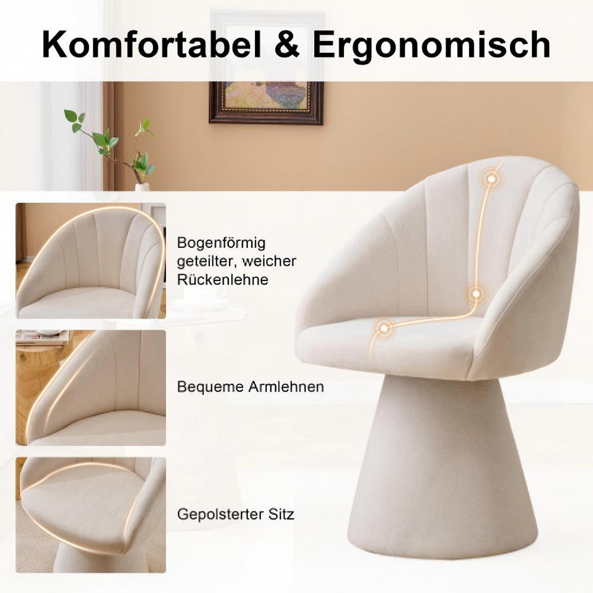 ESSZIMMERSTUHL mit runder Rückenlehne Komfortmodell, Cremeweiß - Beige, Textil/Fell (57/46/58cm)