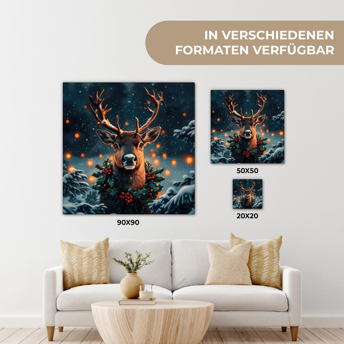 LEINWANDBILD Hirsch - Weihnachten - Winter - Schnee - Weihnachtskranz 50x50 cm - Dunkelbraun, Textil (50/50cm) - MuchoWow