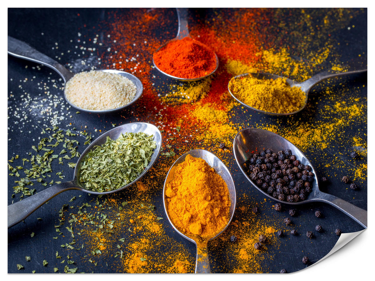 FOTOTAPETE für Küche Gewürzlöffel Orientalisch Curry Kurkuma Pfeffer 350x256 - Beige/Rot, Papier (350/256cm) - Muralo