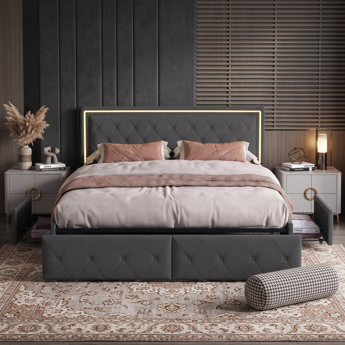 POLSTERBETT 160x200 mit LED und Stauraum, Lattenrost, doppelbett 160x200 mit 4 Schublade, höhenverstellbares Kopfteil, PU grau - Grau, Leder/Holz (160/200cm) - GENKI LIVING