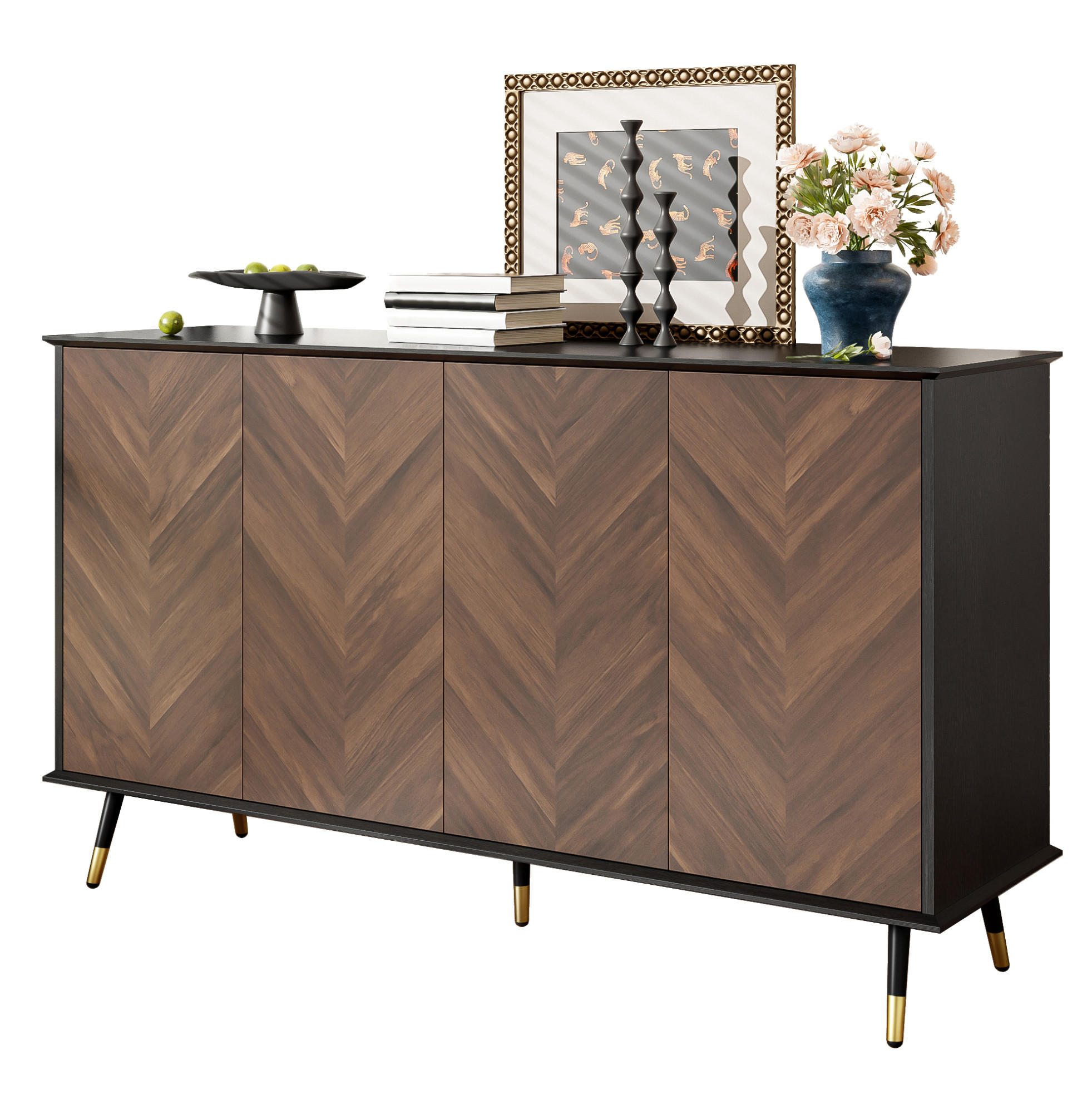 SIDEBOARD z MDF, 140/40/80 cm, černé/hnědé, se 4 dvířky a nastavitelnými policemi - černá, kompozitní dřevo (140/80/40cm) - BEAOK