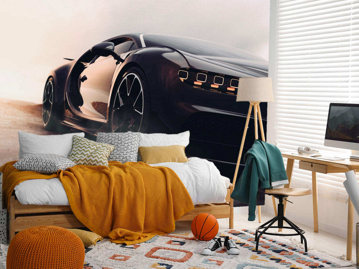 FOTOTAPETE für Jugendzimmer Schwarzer Sportwagen Wüste Luxus Auto Sand 300x210 - Gelb/Weiß, Papier (300/210cm) - Muralo