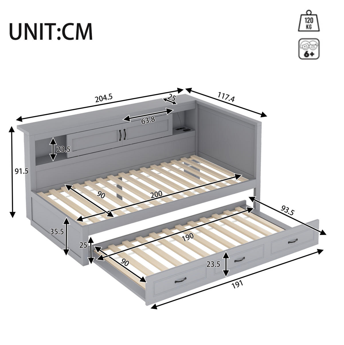 TAGESBETT 90/200 cm mit LED-Beleuchtung, Ausziehbett, USB und Stauraum aus Spanplatte und MDF, Grau - Grau, Holzwerkstoff (90/200cm) - Redom