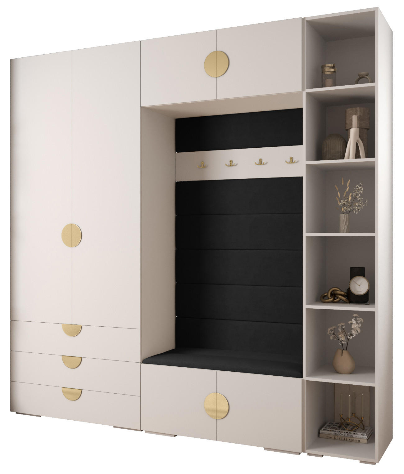Abiks Möbel Garderoben-Set Weiß, Schwarz, Gold 240x236.7x47 cm