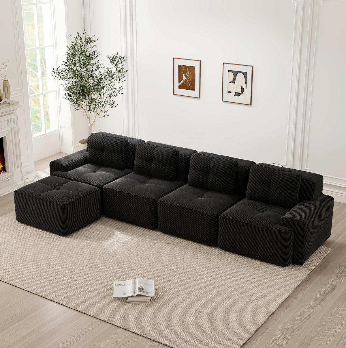 SOFA modular 4-Sitzer mit Tiefsitz Cord Schwarz - Schwarz, Kunststoff (177/382.1cm) - Meubliv