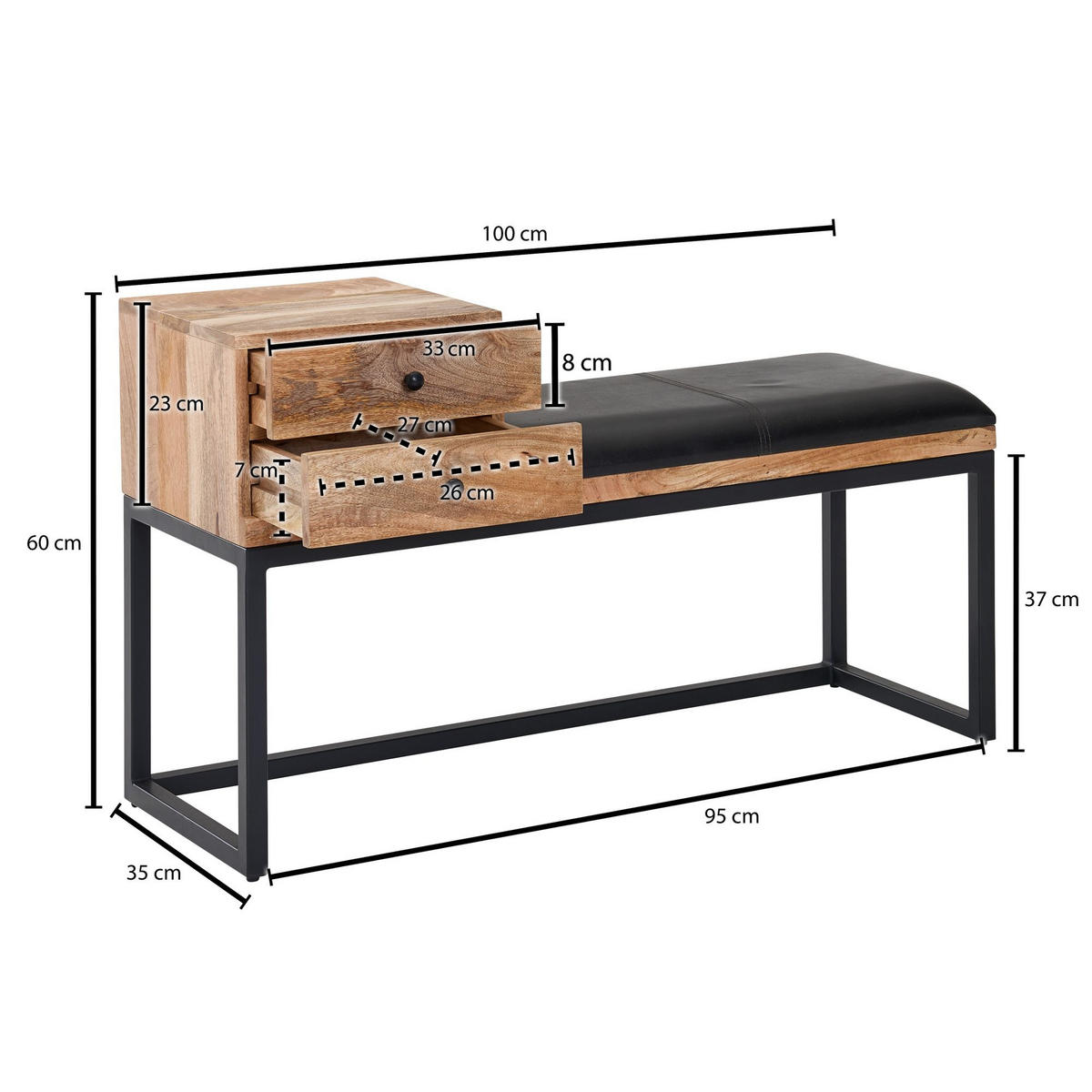 SITZBANK – Ziegenleder/Metall, Schubladen, Retro-Stil - Schwarz/Braun, Leder/Metall (100/60/35cm) - KADIMA DESIGN