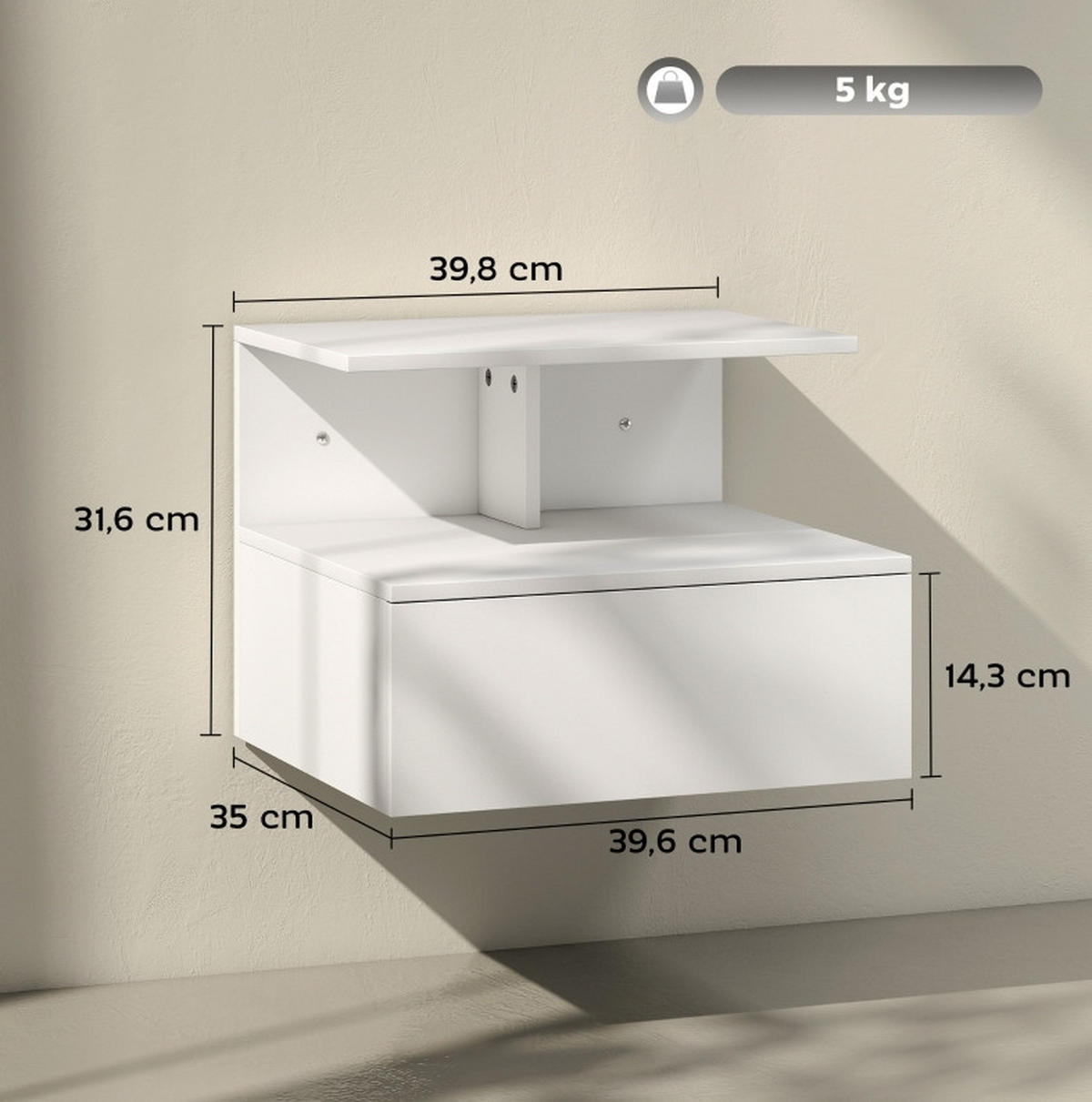 NACHTTISCH aus Spanplatte 39,8x35x31,6 cm Weiß mit Schublade und offenem Fach, wandhängend - Weiß, Holzwerkstoff (39.8/31.6/35cm) - Modfu