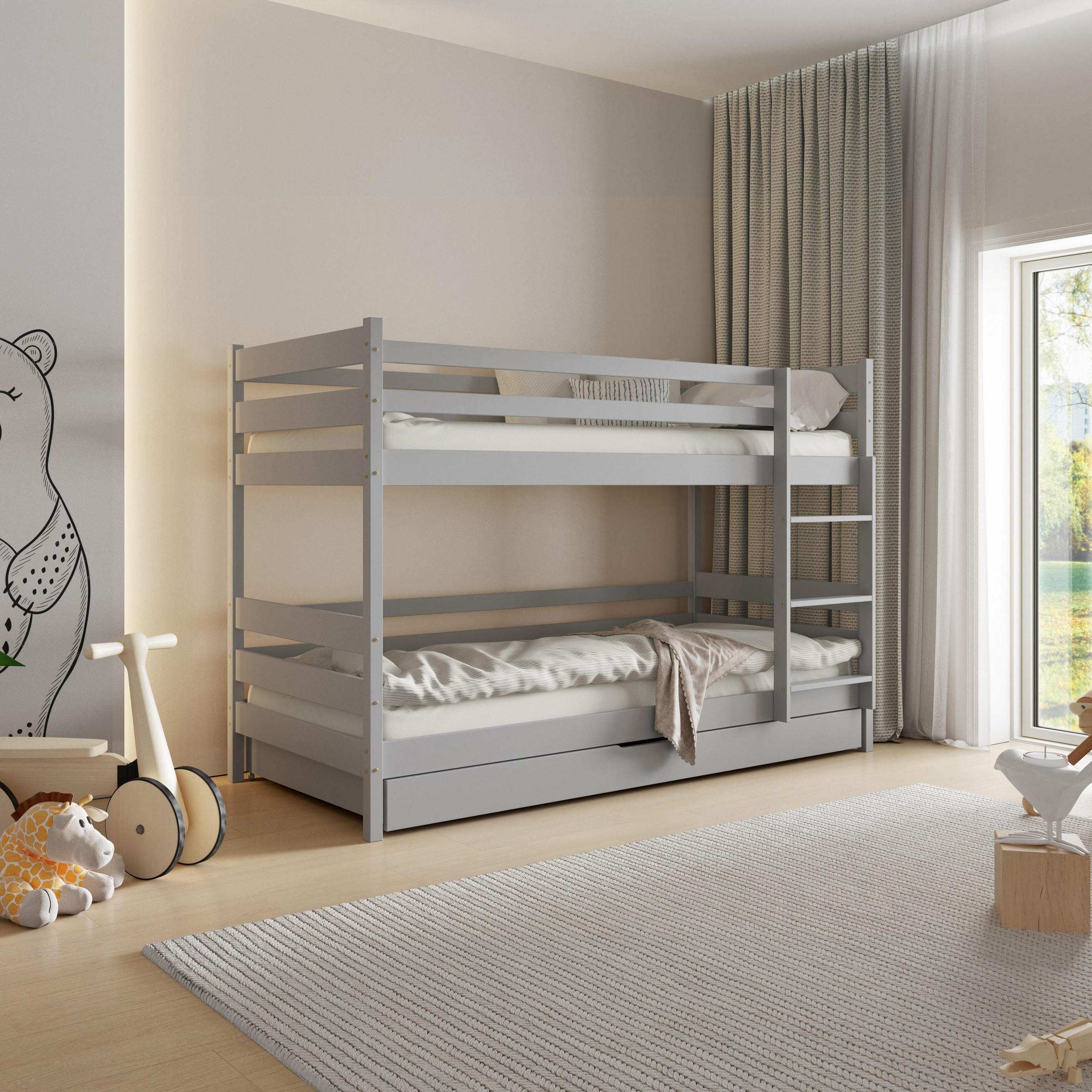 ETAGENBETT SIMBA mit Bettkasten 80x160 cm Hellgrau - Hellgrau, Holz (80/160cm) - MASSENO