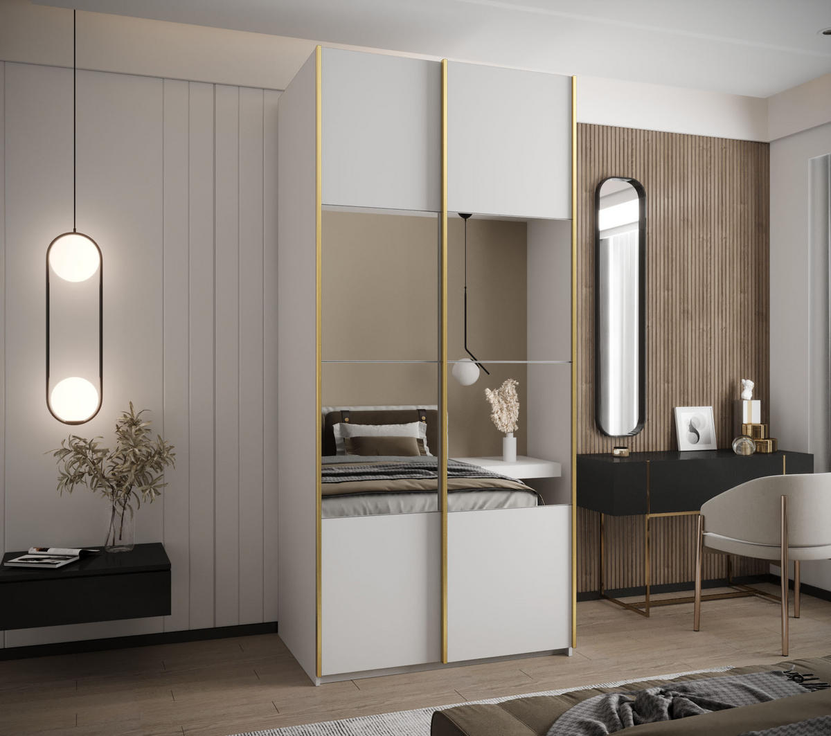 SCHWEBETÜRENSCHRANK 245,5/110/64 2-türig - Goldfarben/Weiß, Holz/Metall (110/245/64cm) - Abiks Möbel