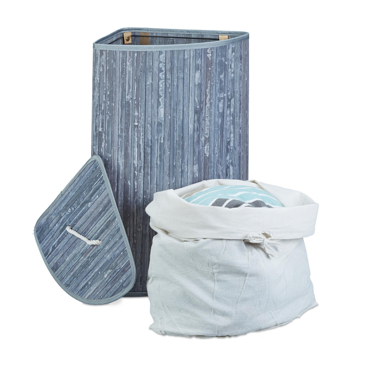 ECKWÄSCHEKORB - Grau, Holz/Textil (49.5/65/37cm) - Relaxdays