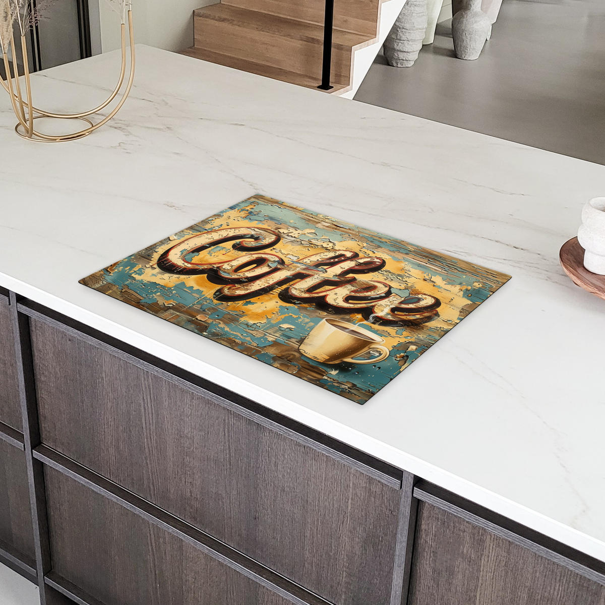 HERDABDECKPLATTE Kaffee - Vintage - Braun - Tasse Herdabdeckung Induktionsfeld 70x52 cm - Teakfarben, Kunststoff (70/52/0.2cm) - MuchoWow