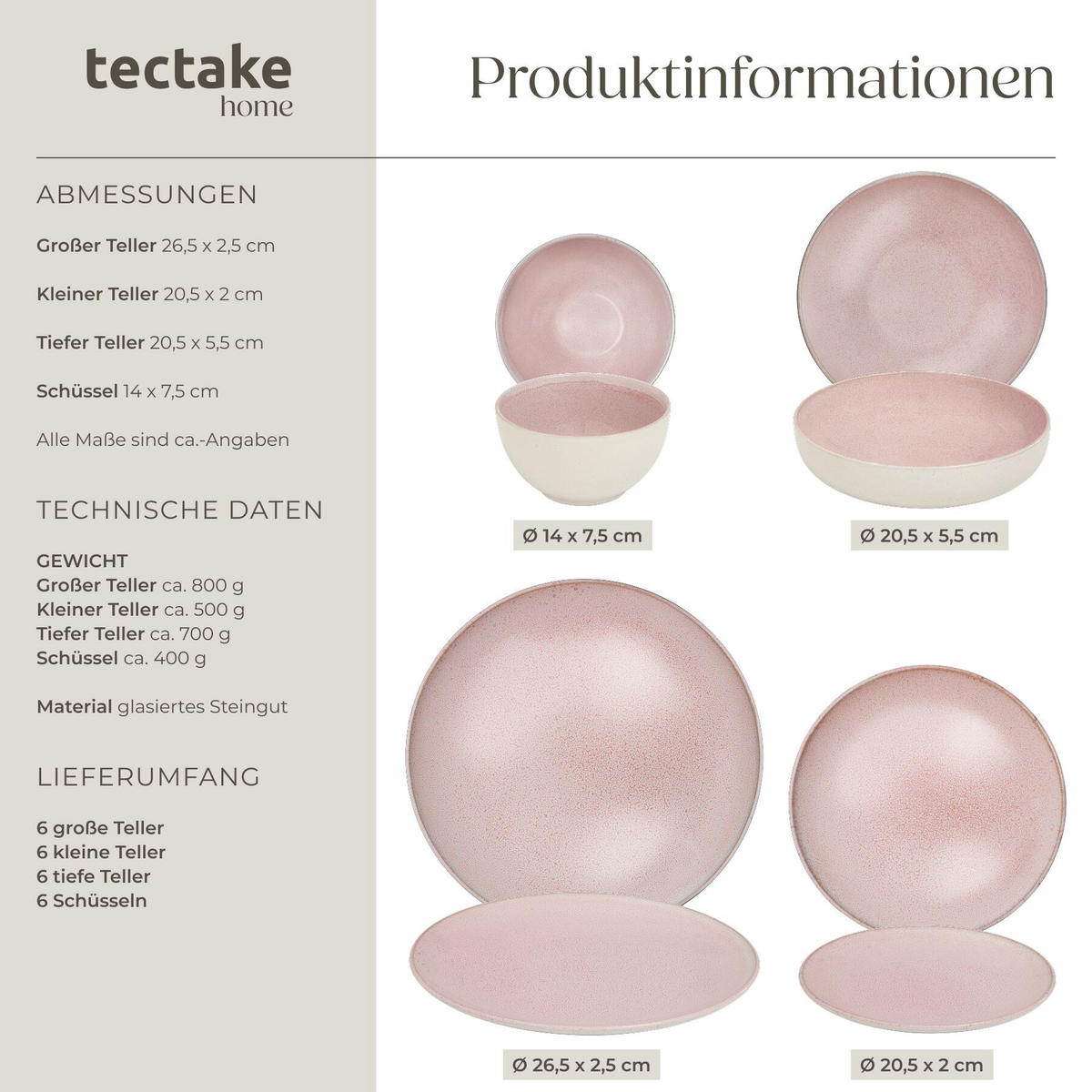 TAFELSERVICE Mare, ineinander stapelbar, rosa - Rosa, Keramik (26.5/2.5/26.5cm) - tectake