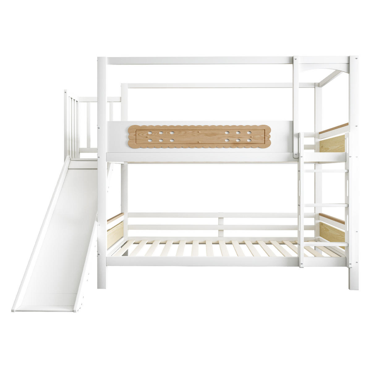 ETAGENBETT 90/200 cm mit Rutsche, breiter Sicherheitsleiter und Hausrahmen, Natur/Weiß - Naturfarben, Holzwerkstoff (90/200cm) - Redom