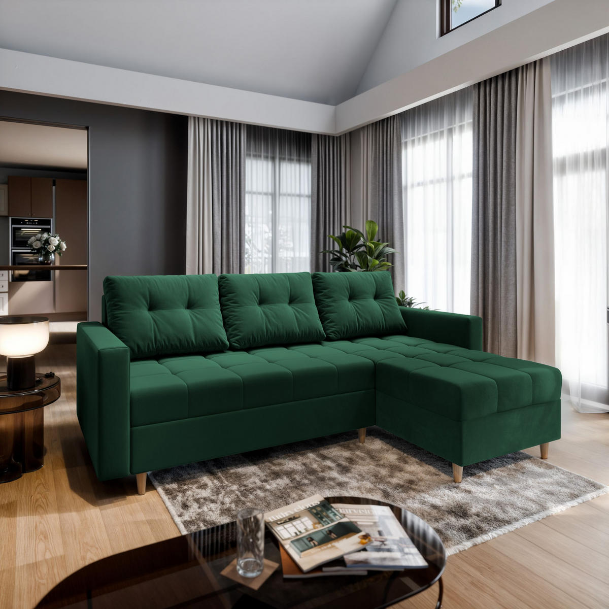 ECKSOFA MILO L Grün Plüsch-Stoff mit Schlaffunktion - Grün, Holz (220/140cm) - MASSENO