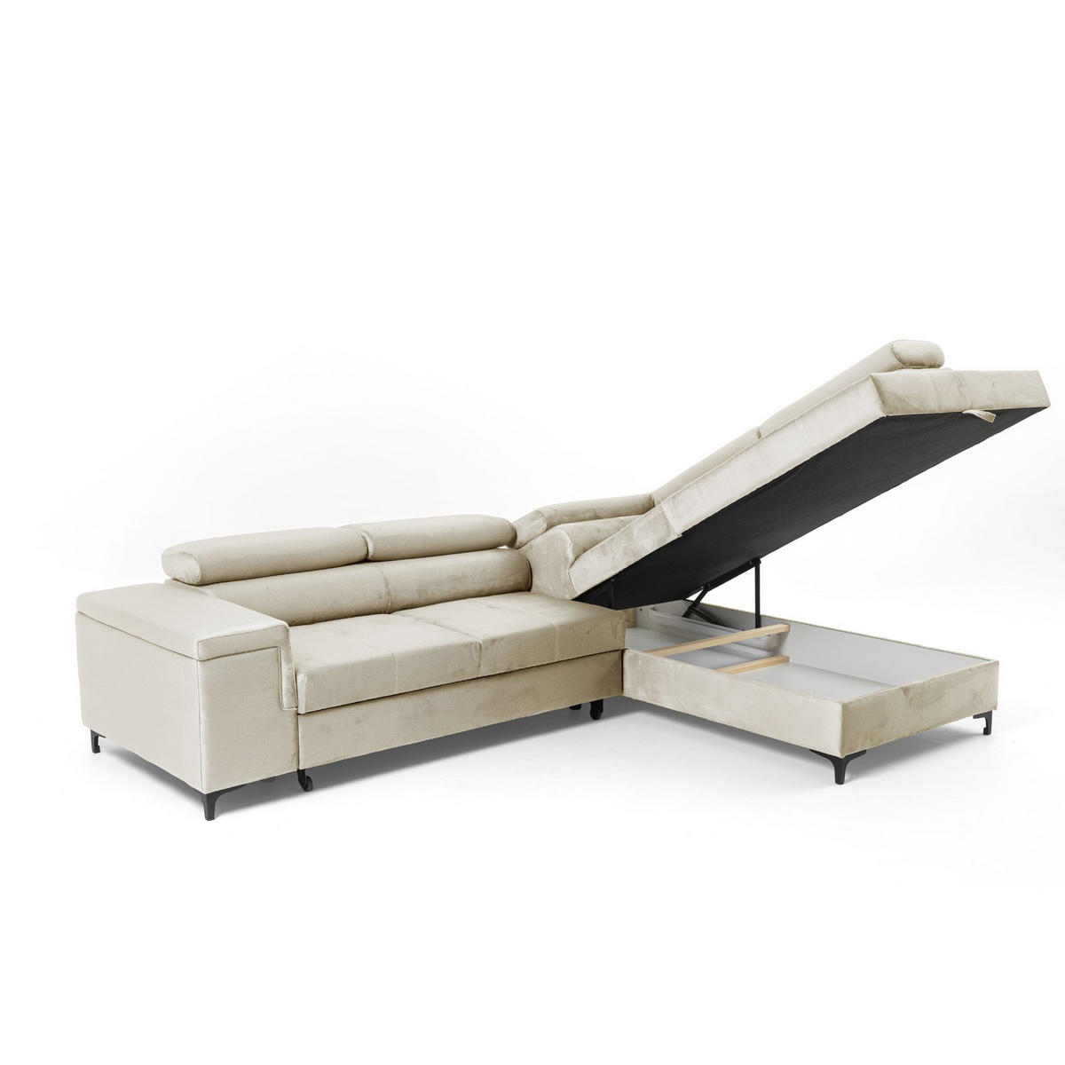 ECKSOFA WILLIAM L Rechts mit Schlaffunktion 127x195 Velours Beige - Beige/Silberfarben, Holz/Textil (203/275cm) - Muffo