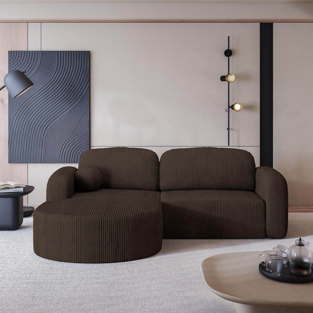 ECKSOFA AMILIA P L-S Braun Kordstoff mit Schlaffunktion - Braun, Holz (263/174cm) - MASSENO