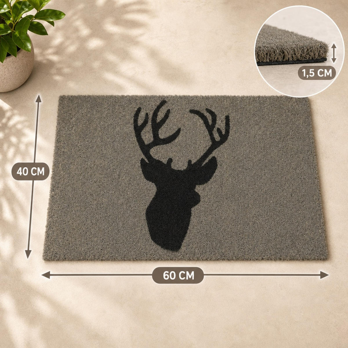 ROHOŽKA Šedá Černá motiv jelena 60x40 cm - šedá, textil/plast (60/40cm) - Relaxdays