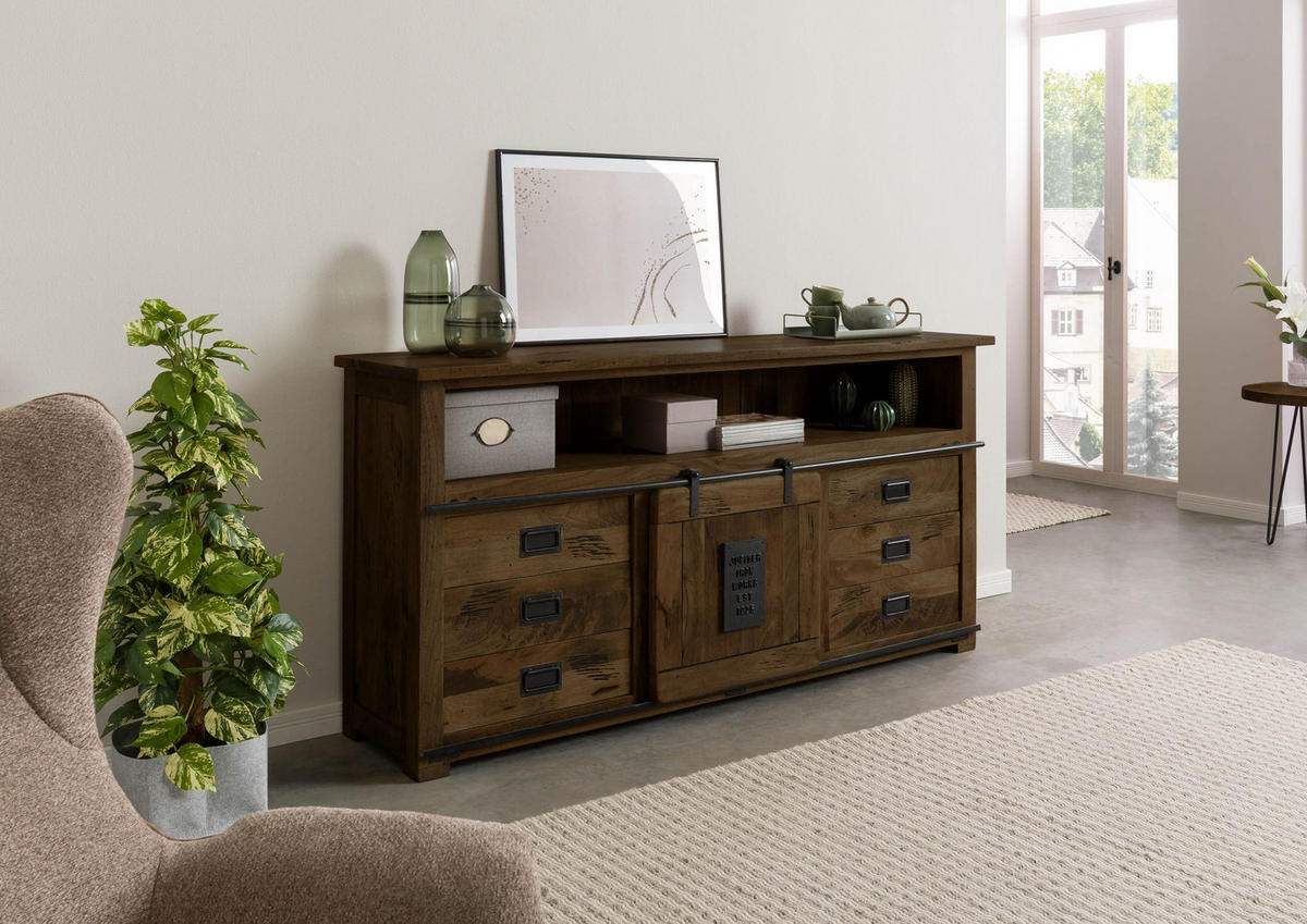 SIDEBOARD Mango 180x45x90 braun lackiert RAILWAY #467 - Braun, Holz (180/90/45cm) - Massivmoebel24