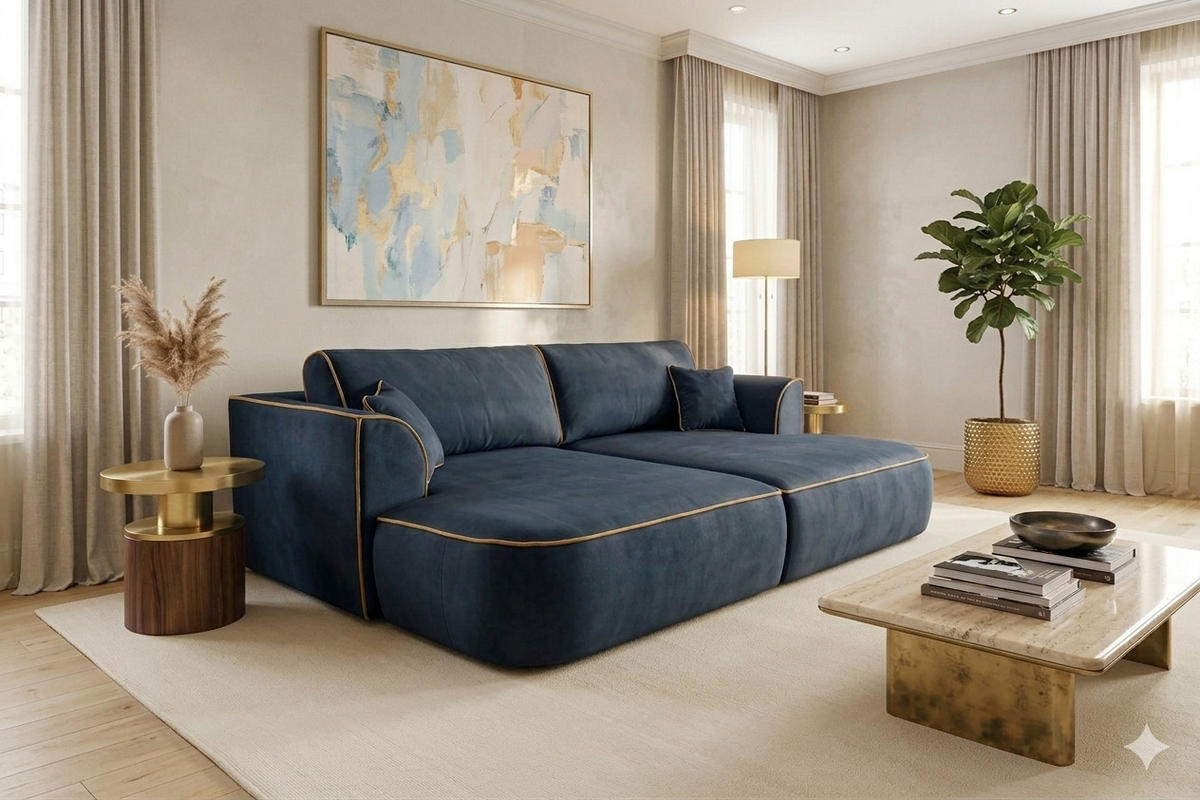 BIG SOFA COZI, Dunkelblau mit gelbem Keder, Matt Velvet - Dunkelblau, Kunststoff/Textil (240/87/180cm) - KS Home Concept