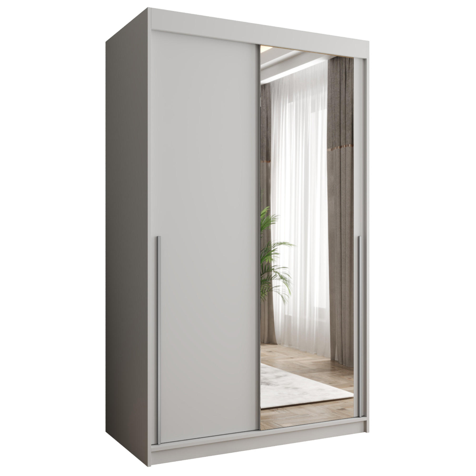 SCHIEBETÜRENSCHRANK mit Spiegel 120 cm Breite, weiß mit silbernem Griff - Silberfarben/Weiß, Holzwerkstoff (250/200/62cm) - Home Collective
