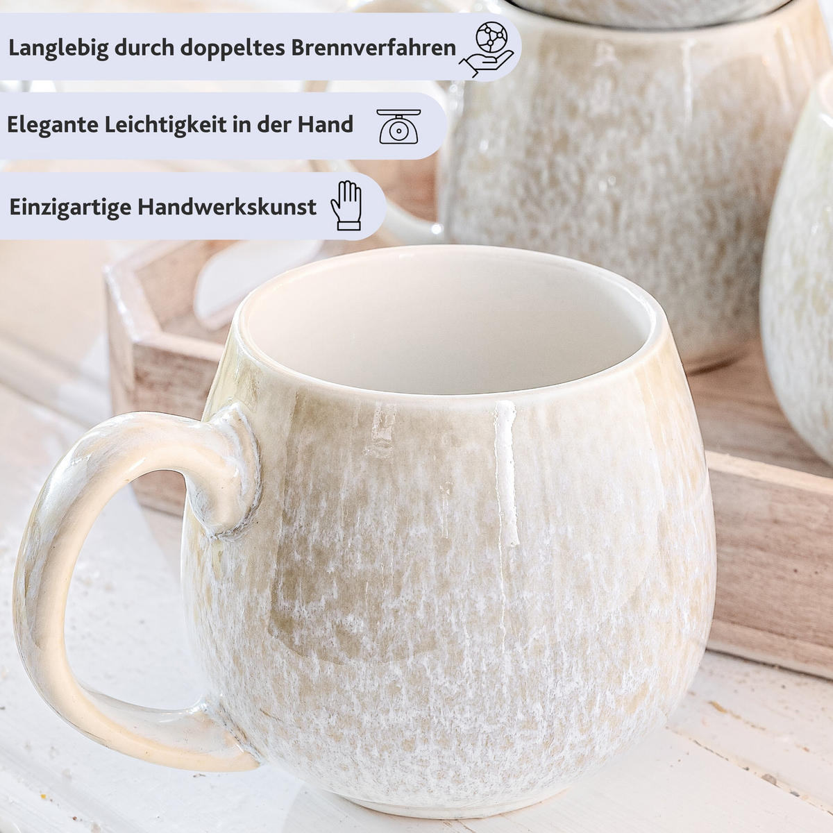 KAFFEEBECHER SET SANTORINI - 4 teilig aus Steingut - Creme, Keramik (30/18/30cm) - Sänger