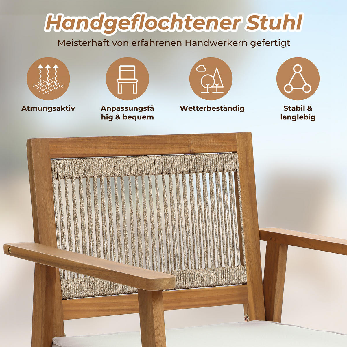 75CM Outdoor-Armlehnstühle aus Akazienholz mit Seilrückenlehne und Kissen, 2er-Set - Akaziefarben, Holz (64/74.5/64cm) - Hometopia