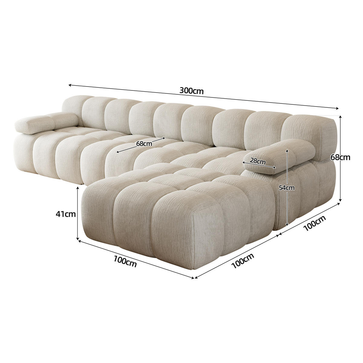 ECKSOFA 300/200/68 cm Weiß Stoff mit 1 Fußhocker - Weiß, Textil (200/300cm) - Oxeza
