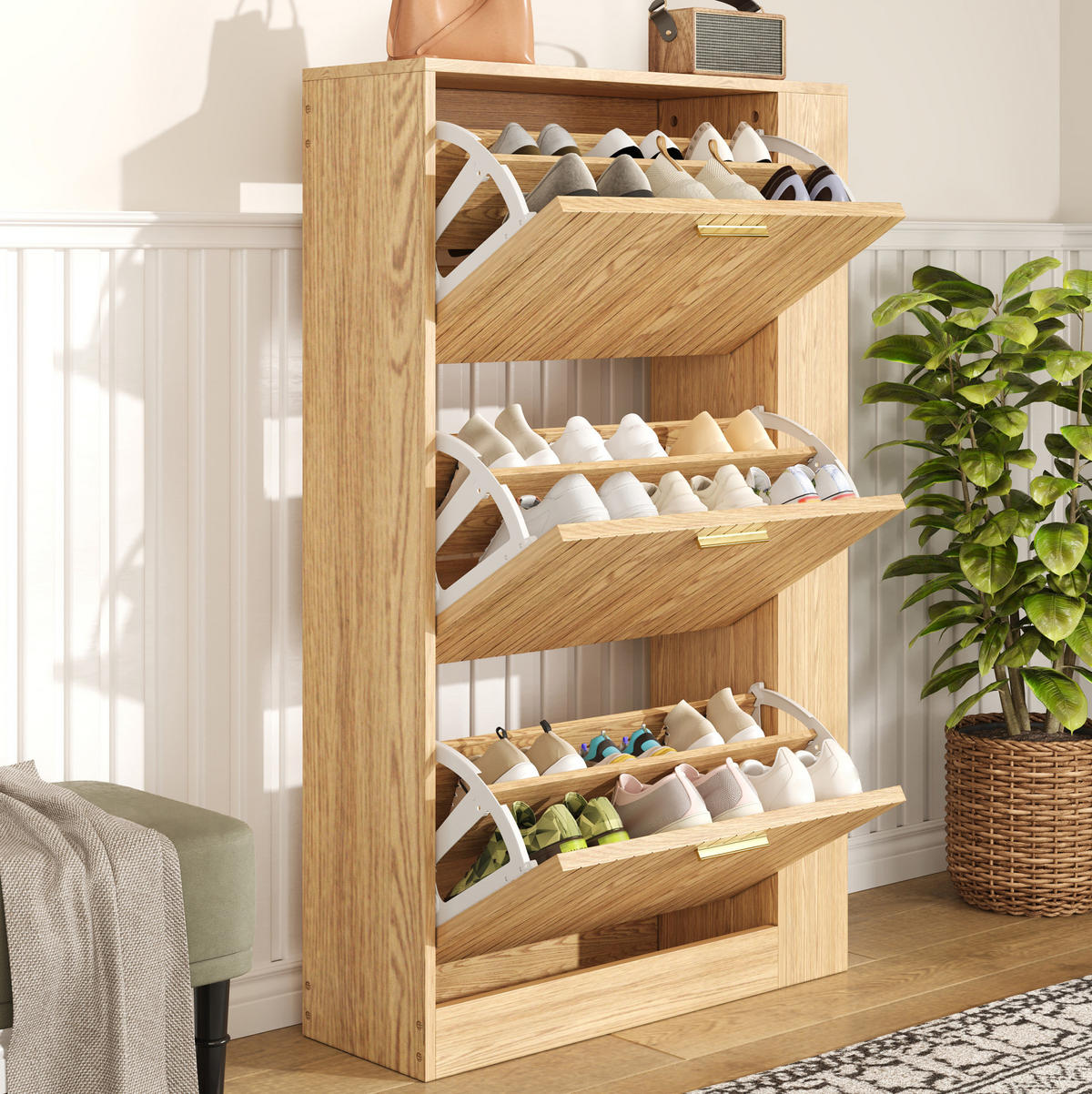 SCHUHSCHRANK 3-türig 70 x 23,5 x 115 cm MDF natur - Braun, Holz (23.5/115/70cm) - Beauniv