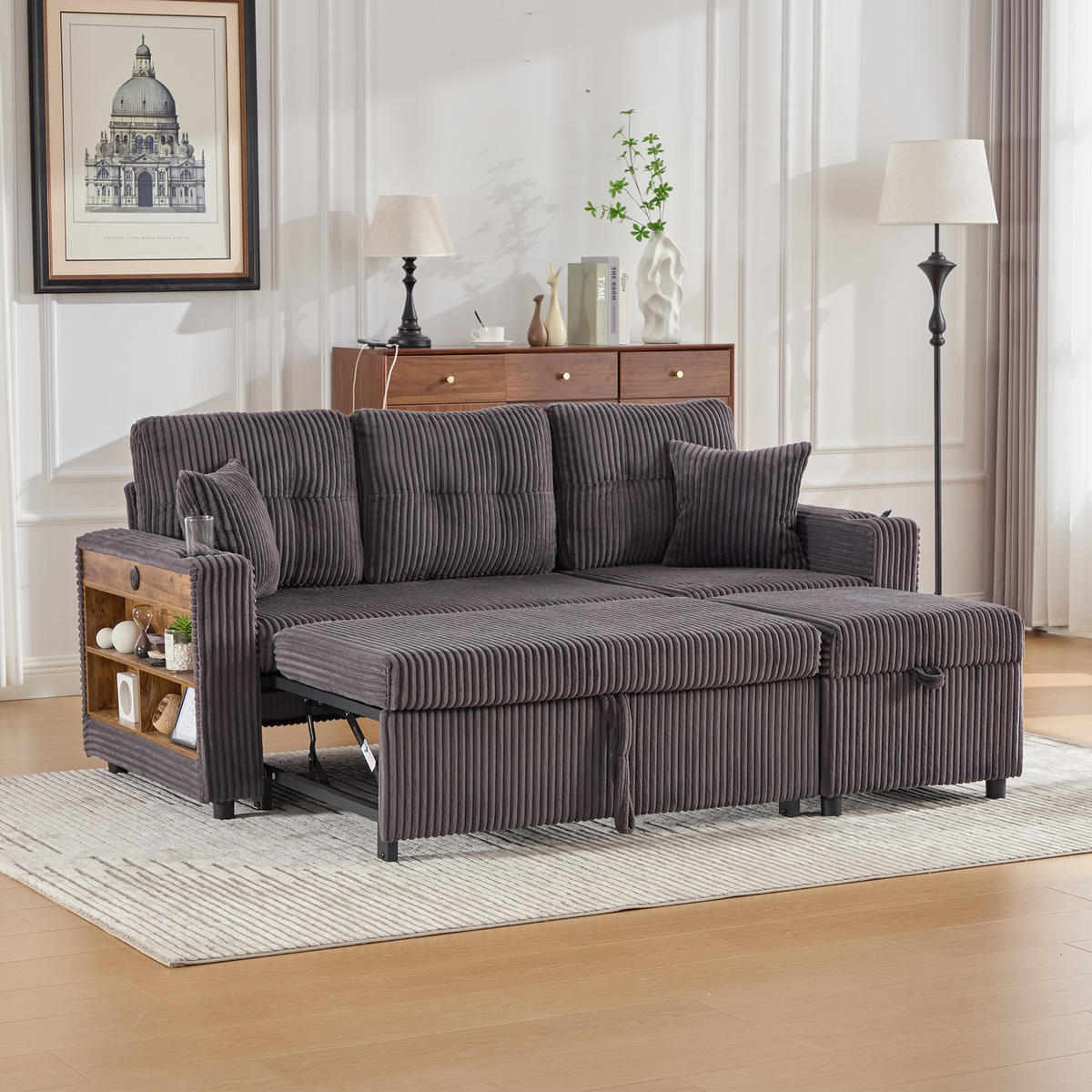ECKSCHLAFSOFA 196/144/85 cm Dunkelgrau mit Stauraum, USB-C, Ambientebeleuchtung und Getränkehaltern - Dunkelgrau, Textil (196/82cm) - Oxeza