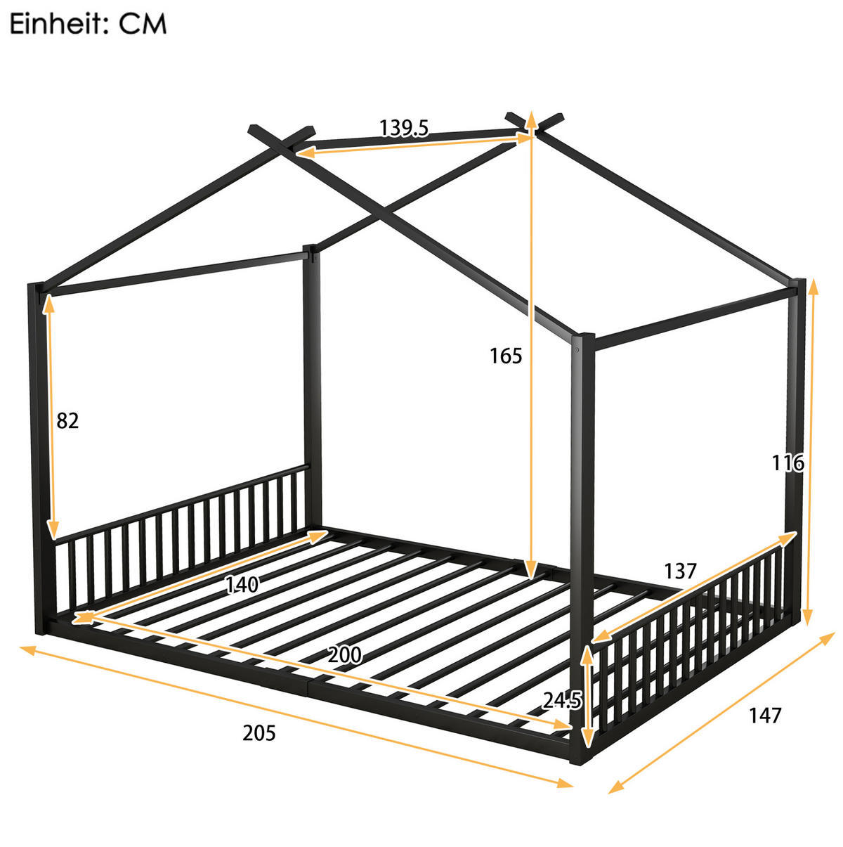 HAUSBETT 140/200 cm Schwarz aus Metall in Hausform - Schwarz, Metall (140/200cm) - OKMYHOME