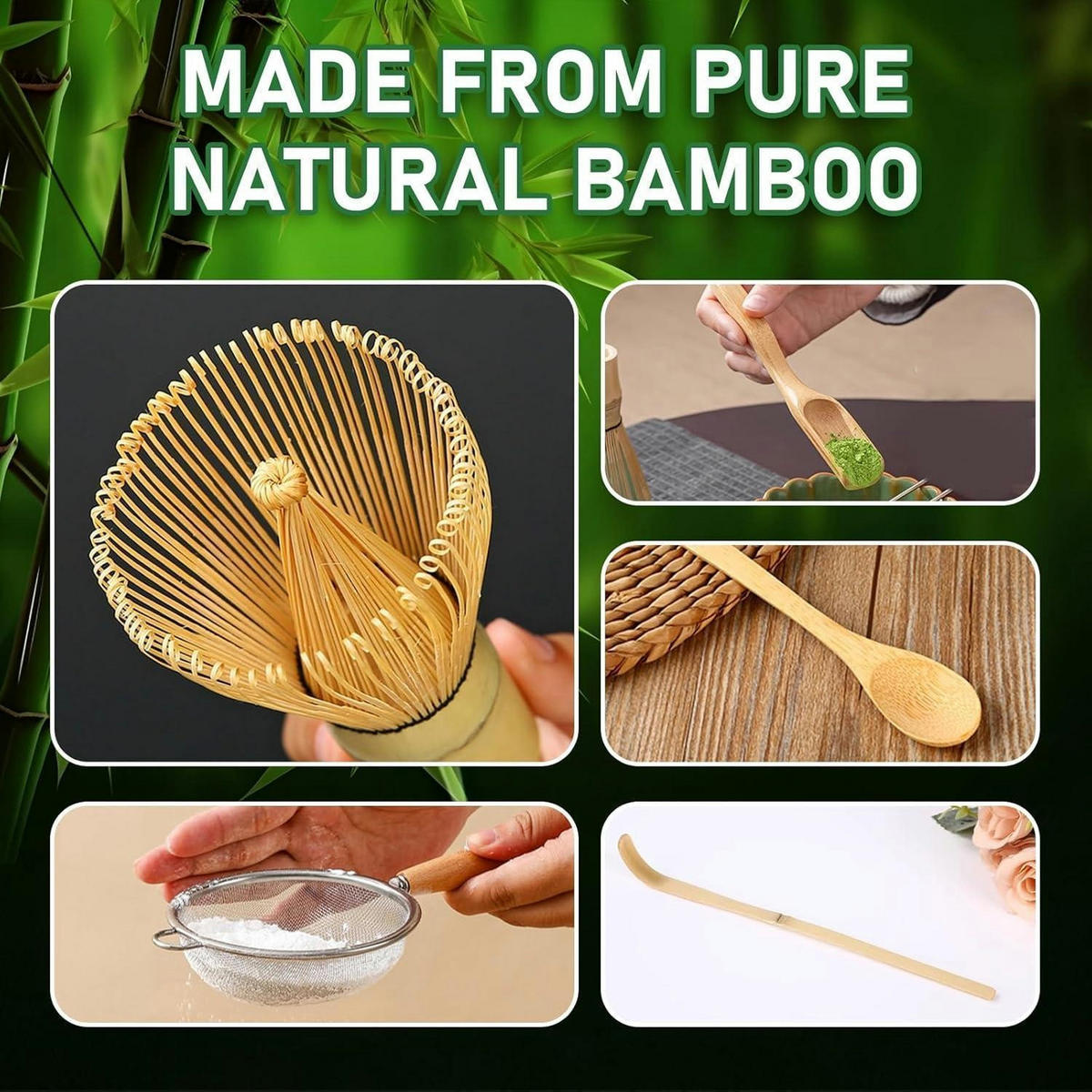 MATCHA Tee Set 9-teiliges Set mit Schale und Besen - Grün, Keramik (16/7/30cm)